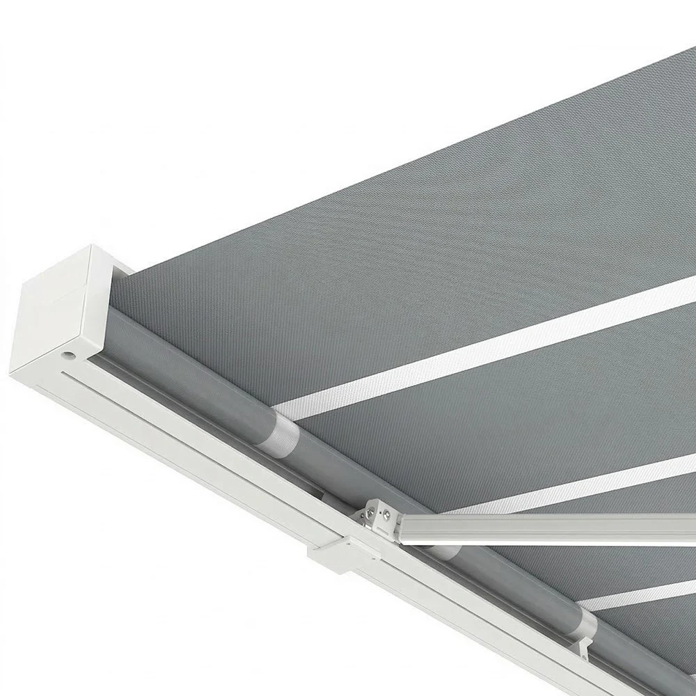 2.5M Deluxe Wireless Full Cassette Electric Awning With Lights (White Cassette) | Pin Stripe Grey - Image 4