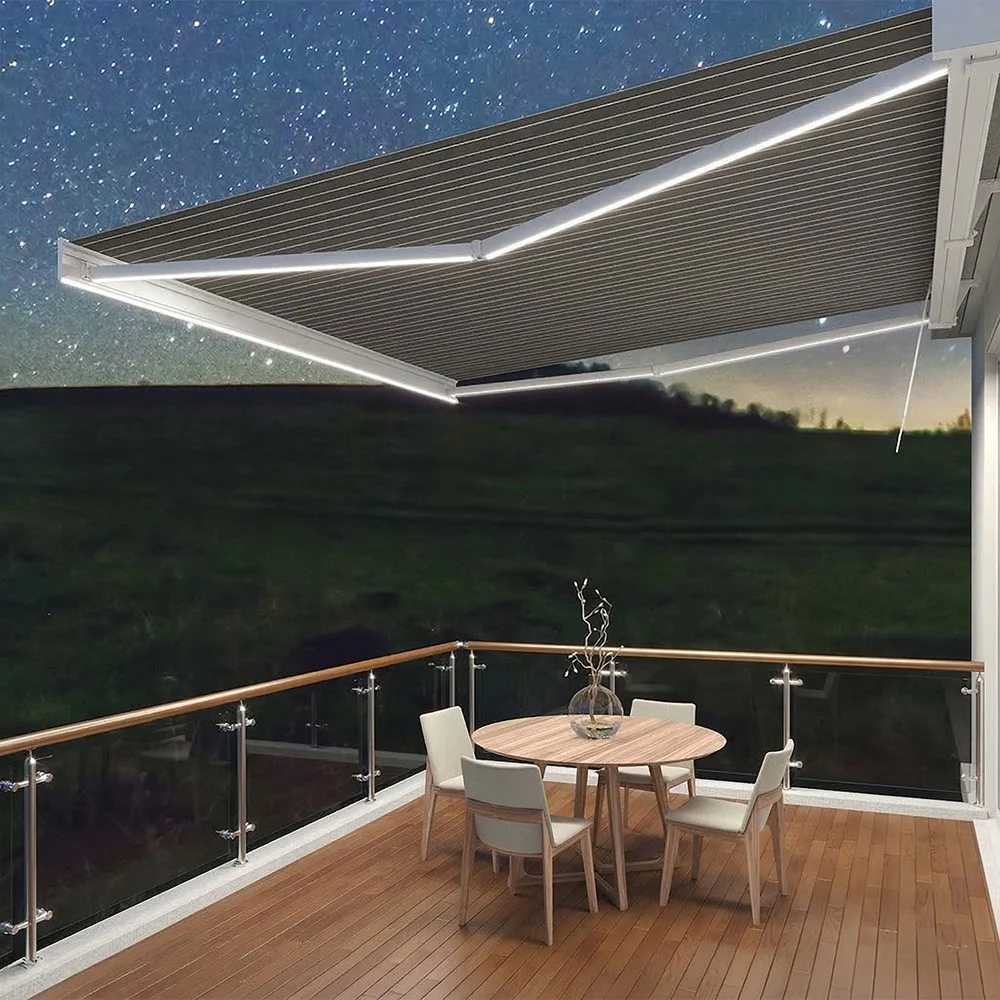 2.5M Deluxe Wireless Full Cassette Electric Awning With Lights (White Cassette) | Pin Stripe Grey - Image 9