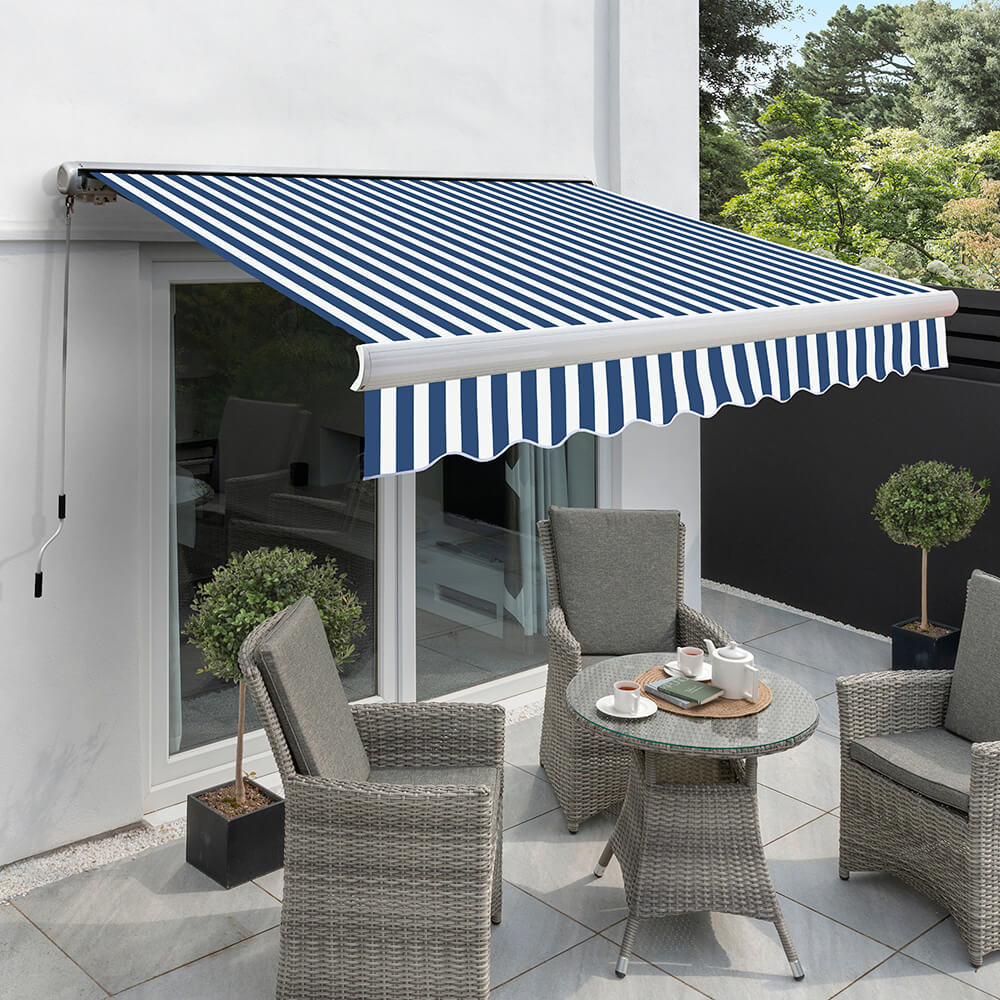 3.0m Full Cassette Manual Awning, Blue and White Stripe