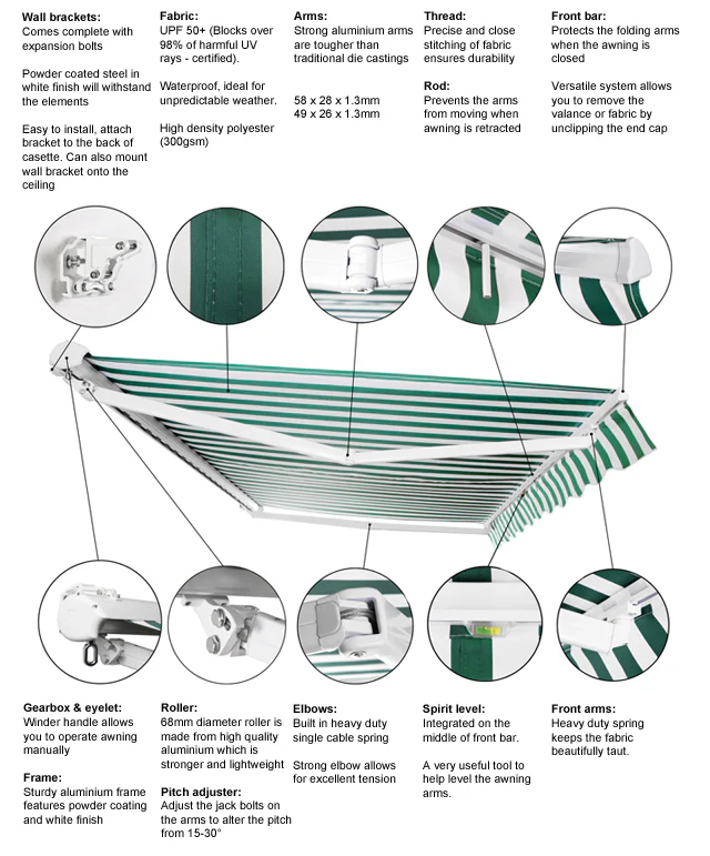 3.0m Half Cassette Manual Awning, Green and White Even Stripe - Image 3