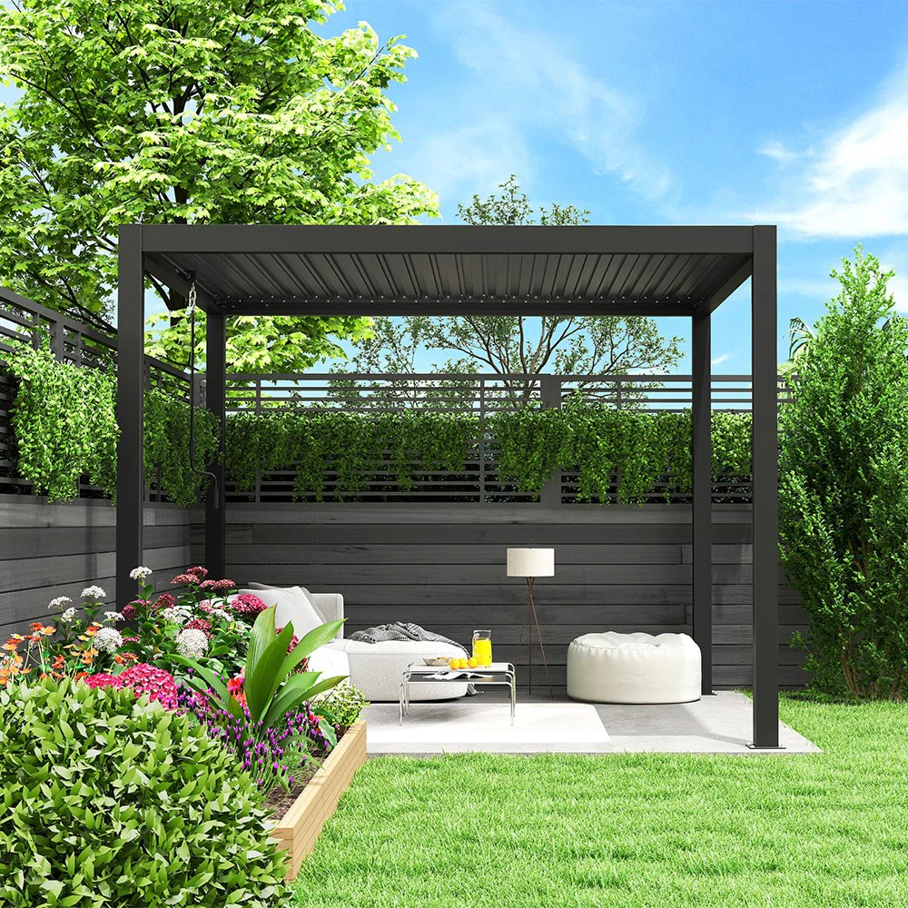 3m x 3m Charcoal Pergola with Steel Louvered Shutter Roof by Primrose Living - Image 8