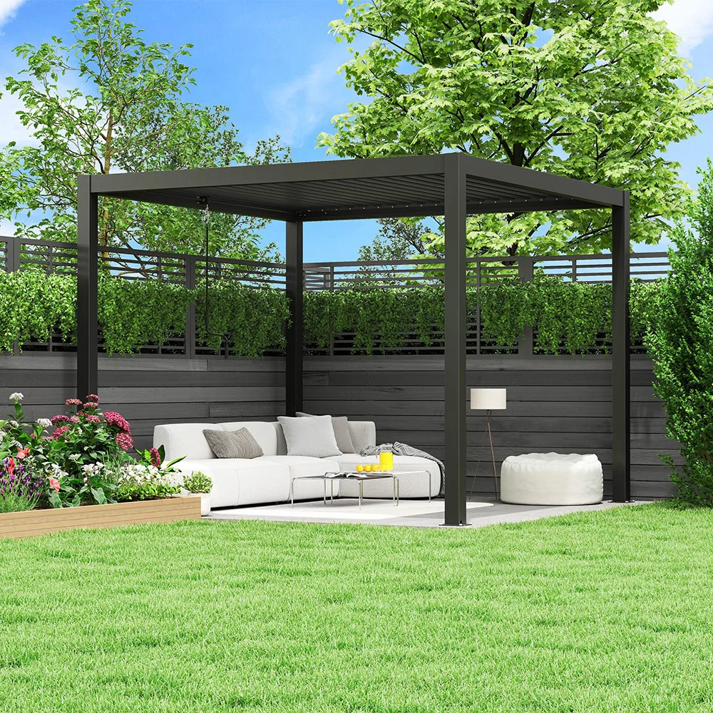 3m x 3m Charcoal Pergola with Steel Louvered Shutter Roof by Primrose Living - Image 9