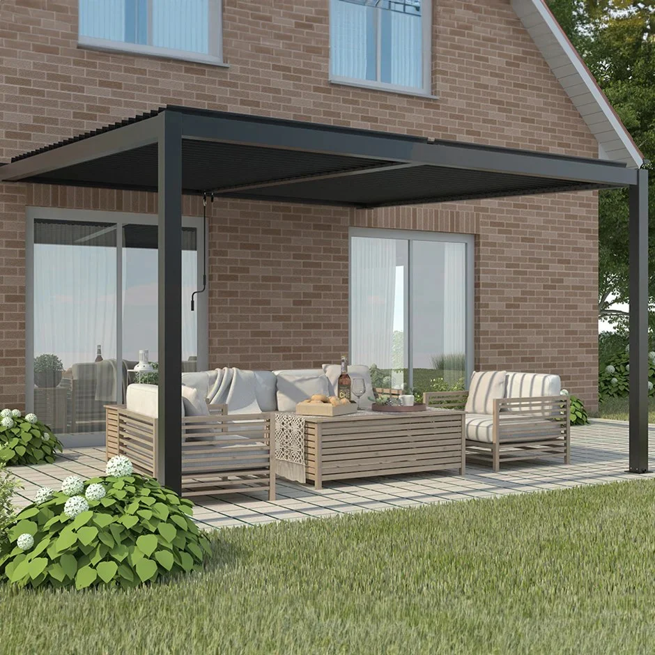 3m x 3m Deluxe Charcoal Wall Mounted Veranda with Louvered Shutter Roof - Image 5