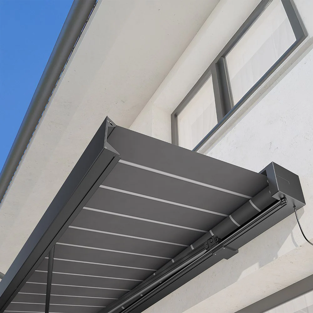 2.5M Deluxe Wireless Full Cassette Electric Awning With Lights (Charcoal Cassette) | Pin Stripe Grey - Image 4