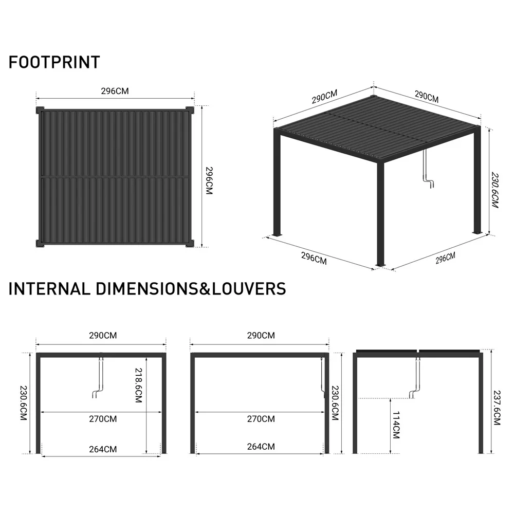 3m x 3m Deluxe Charcoal Pergola with Louvered Shutter Roof by Primrose Living - Image 9