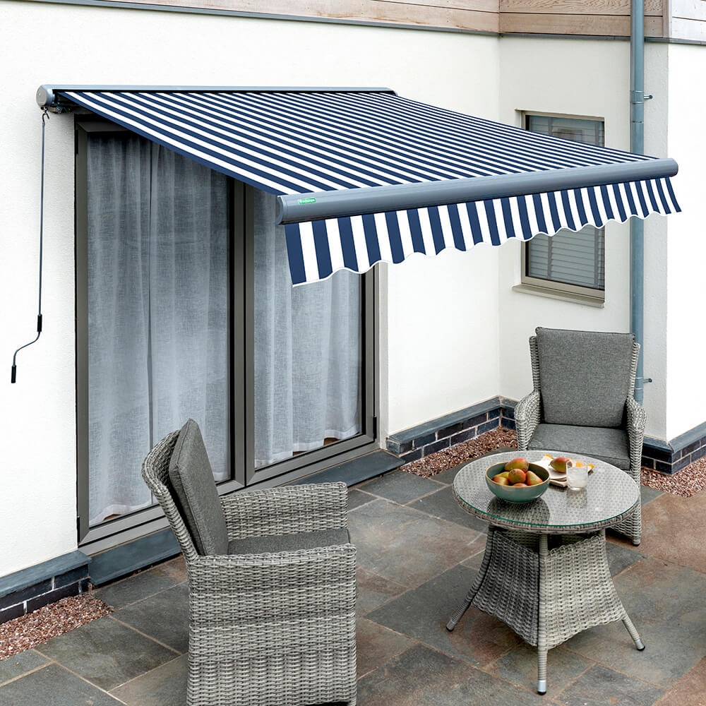 3m Full Cassette Manual Blue and White Awning (Charcoal Cassette)